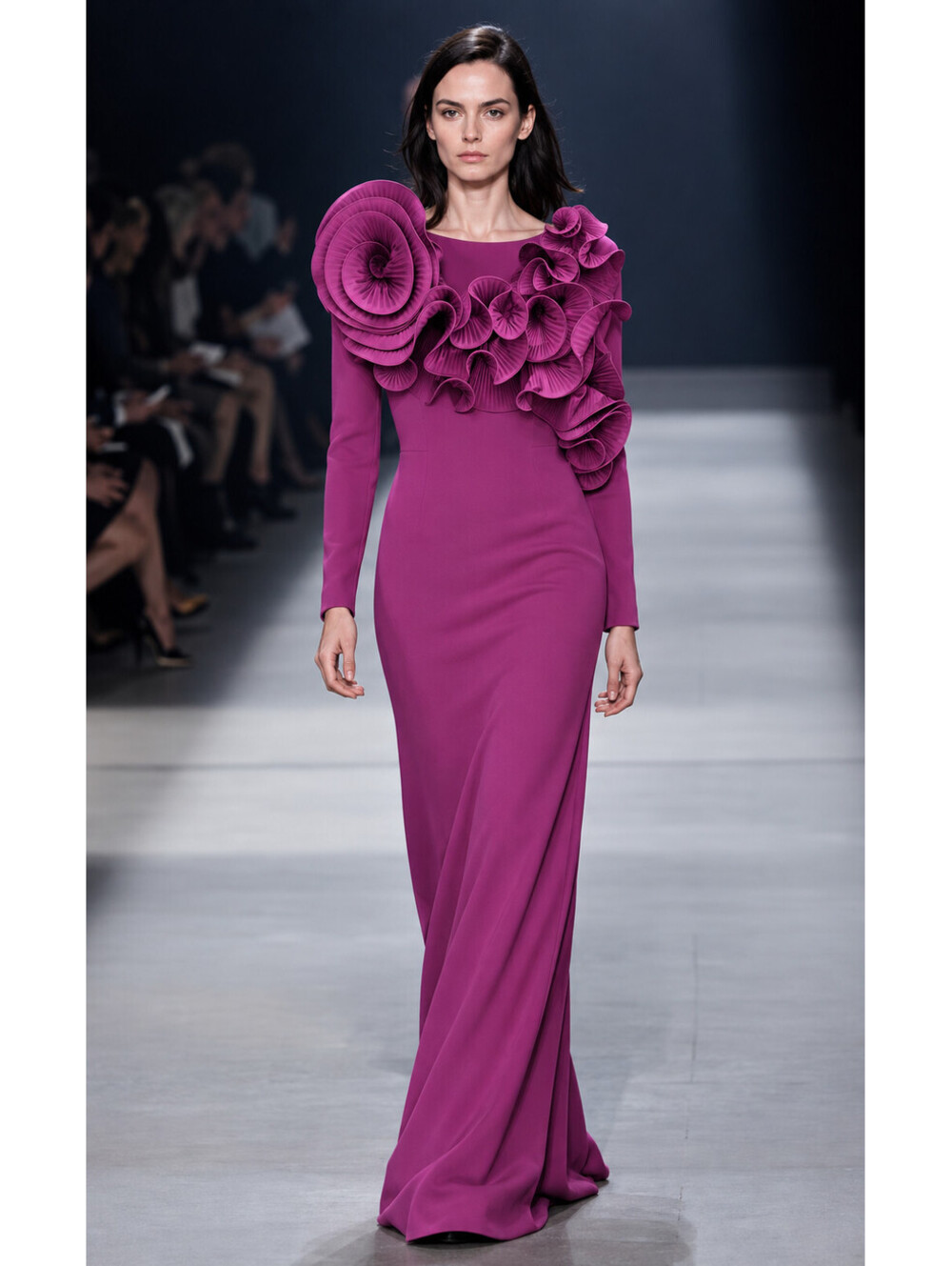 Badgley Mischka Orchid Purple Floral Applique Long Sleeve Gown Sz 4 Ruffle  $880